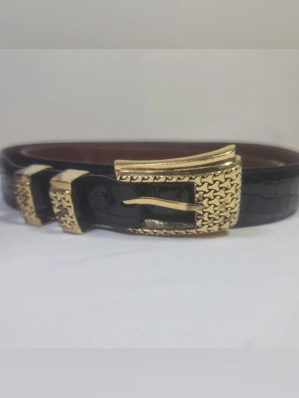 Alexander’s Sterling Silver Gold Plated Black Alligator Belt & Buckle USA Sz 34